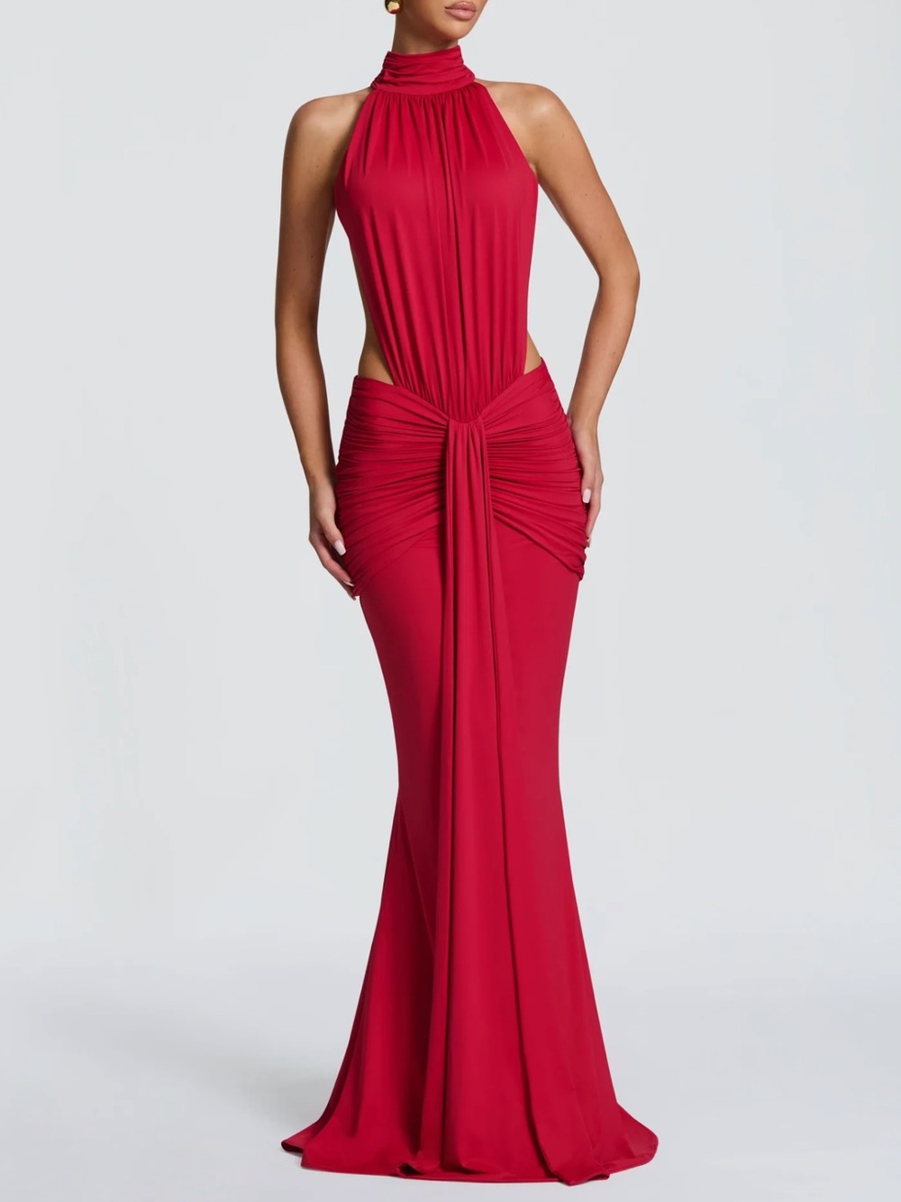 Red Halter Cutout Evening Gown
